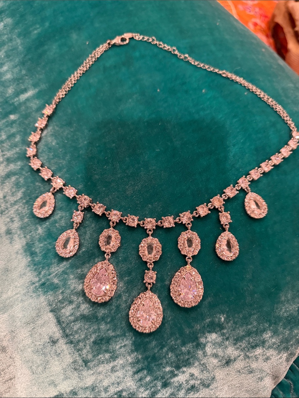 Crystal Teardrop Statement Necklace - Silver Tone